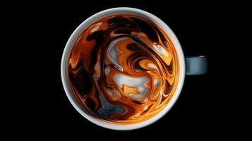 Top view of hot coffee cappuccino spiral foam isolated on dark background. AI Generated photo