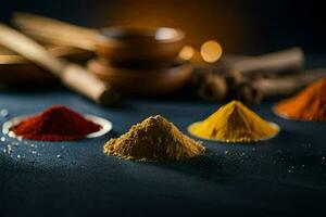 various spices and spices on a dark table. AI-Generated photo