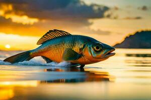 un pescado es caminando en el playa a puesta de sol. generado por ai foto