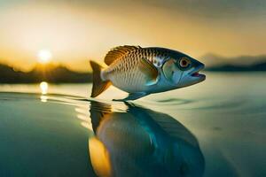 un pescado es nadando en el agua a puesta de sol. generado por ai foto