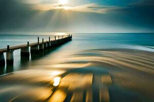 un largo exposición fotografía de un muelle en el océano. generado por ai foto