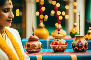a woman in traditional indian attire sits in front of colorful pots. AI-Generated photo