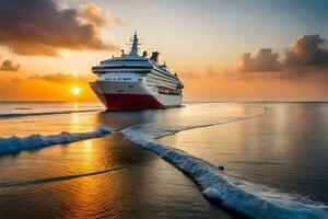 a cruise ship in the ocean at sunset. AI-Generated photo