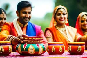a group of people in colorful saris are holding bowls. AI-Generated photo