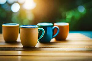 colorful coffee cups on a wooden table. AI-Generated photo