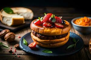 a hamburger with strawberries and cheese on a plate. AI-Generated photo