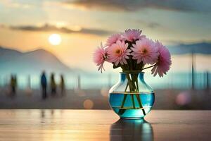 a vase with pink flowers on a table in front of the sunset. AI-Generated photo