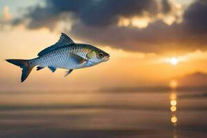 a fish flying over the ocean at sunset. AI-Generated photo
