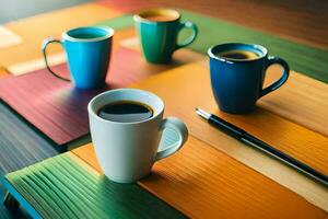 colorful coffee cups on a table with a pen. AI-Generated photo