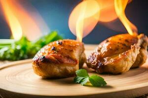 two chicken wings on a wooden board with fire. AI-Generated photo