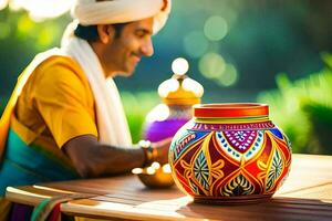 un hombre en tradicional indio atuendo se sienta a un mesa con un vistoso maceta. generado por ai foto