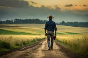 a man walking down a dirt road with a hat. AI-Generated photo