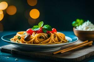 pasta with tomatoes and olives on a plate. AI-Generated photo