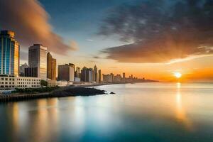 the sun rises over the city skyline in chicago. AI-Generated photo