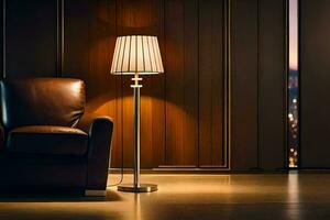 un silla y lámpara en un habitación con un vista. generado por ai foto