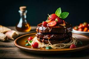 a stack of pancakes with strawberries and syrup. AI-Generated photo