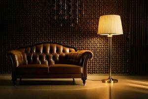 un cuero sofá y lámpara en un habitación. generado por ai foto