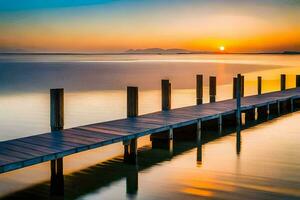 a wooden pier in the water at sunset. AI-Generated photo