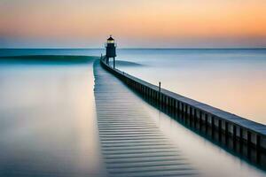 a long exposure photograph of a lighthouse at sunset. AI-Generated photo