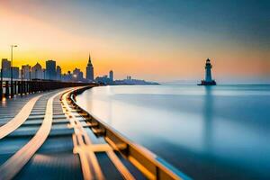 a long exposure photograph of a city skyline at sunset. AI-Generated photo