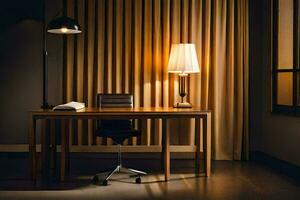un escritorio con un lámpara y un silla en frente de un ventana. generado por ai foto