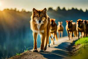 a group of dogs walking on a road at sunset. AI-Generated photo