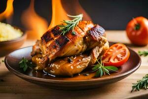 chicken with rosemary and tomatoes on a wooden table. AI-Generated photo