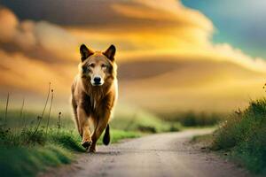 un perro caminando en un la carretera a puesta de sol. generado por ai foto