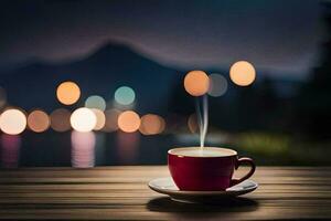 a cup of coffee on a wooden table with a bokeh background. AI-Generated photo