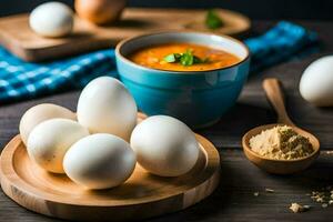 eggs and soup on a wooden table. AI-Generated photo