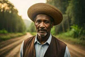 un africano hombre vistiendo un sombrero en un suciedad la carretera. generado por ai foto