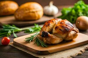 a chicken on a cutting board with vegetables and herbs. AI-Generated photo