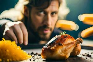 a man is looking at a chicken on a plate. AI-Generated photo