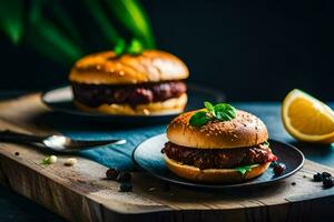 two hamburgers on plates with lemon slices and a knife. AI-Generated photo