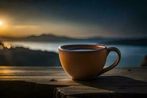 a cup of coffee on a wooden table in front of a beautiful sunset. AI-Generated photo