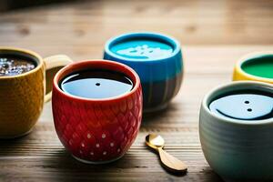 five colorful coffee cups with spoons on a wooden table. AI-Generated photo