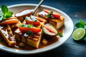 a plate of tofu with vegetables and sauce. AI-Generated photo