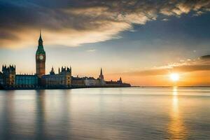 the sun rises over the westminster parliament building. AI-Generated photo