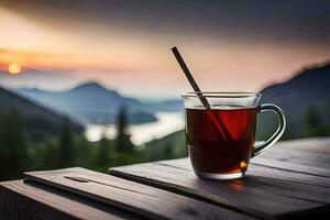 a cup of tea on a wooden table with a view of mountains. AI-Generated photo