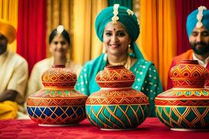 a bride and groom in colorful turbans. AI-Generated photo