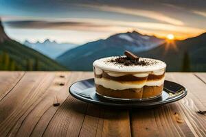 the dessert is served on a plate on a wooden table in front of a mountain view. AI-Generated photo