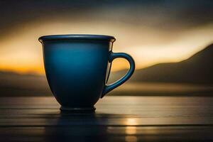 a blue coffee cup sits on a table in front of a sunset. AI-Generated photo