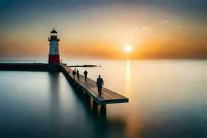 people walking on a pier at sunset with a lighthouse in the background. AI-Generated photo