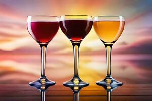 three glasses of wine on a table with a sunset in the background. AI-Generated photo