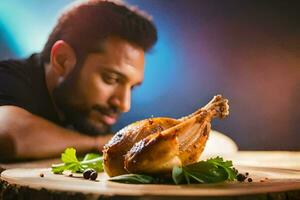 un hombre es mirando a un asado pollo en un lámina. generado por ai foto