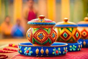colorful pots sitting on a table with people in the background. AI-Generated photo