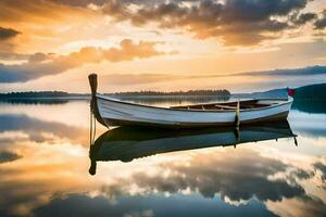 a boat is sitting on the water at sunset. AI-Generated photo