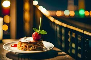 a plate with spaghetti and a strawberry on it. AI-Generated photo