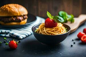 a plate of spaghetti with strawberries and a hamburger. AI-Generated photo