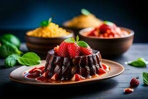 a dessert with strawberries and chocolate on a plate. AI-Generated photo